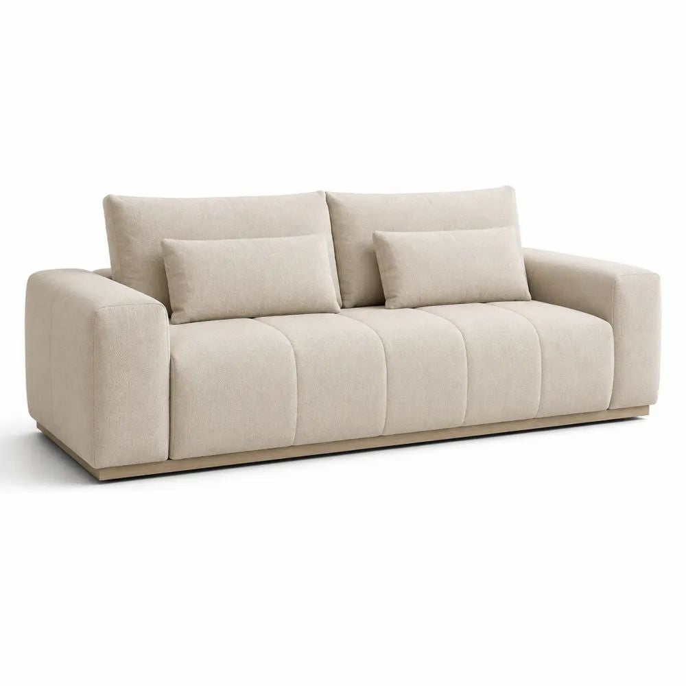 Canapé droit 3 places en tissu chenille beige clair avec 2 coussins lombaires, 220 × 96 × 86 cm