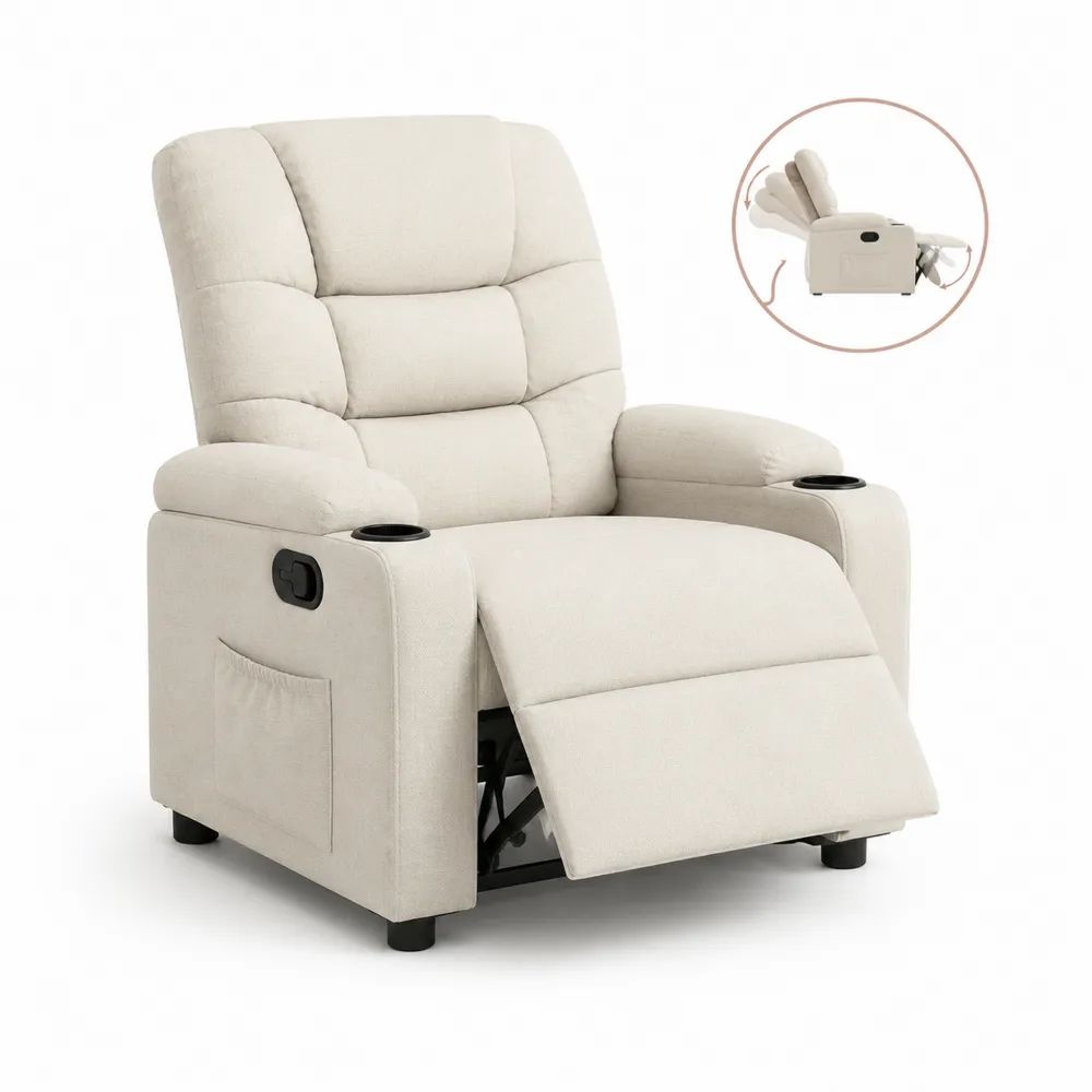 Fauteuil relax manuel en tissu beige clair avec dossier haut, repose-pieds, 2 porte-gobelets et poche latérale, 88 × 92 × 105 cm
