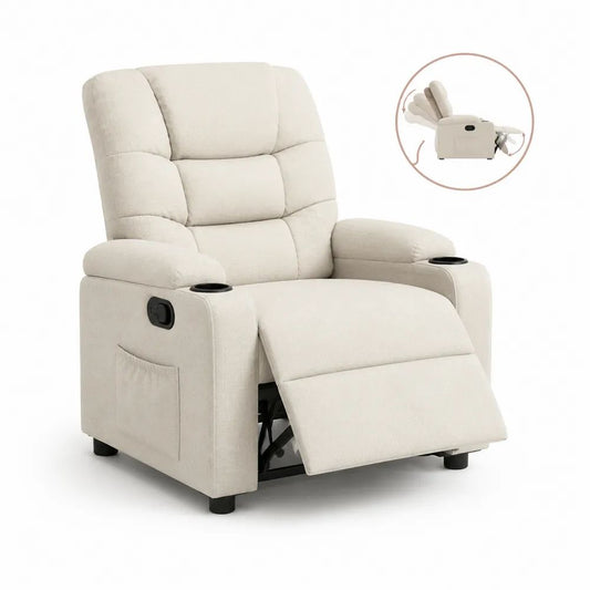 Fauteuil relax manuel en tissu beige clair avec dossier haut, repose-pieds, 2 porte-gobelets et poche latérale, 88 × 92 × 105 cm