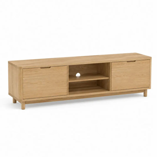 Meuble TV bas rectangulaire en MDF plaqué chêne et chêne massif, chêne naturel, 140 x 40 x 50 cm