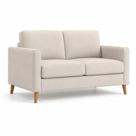 Canapé droit 2 places en polyester beige avec pieds en bois massif brun clair, 150 x 80 x 82 cm