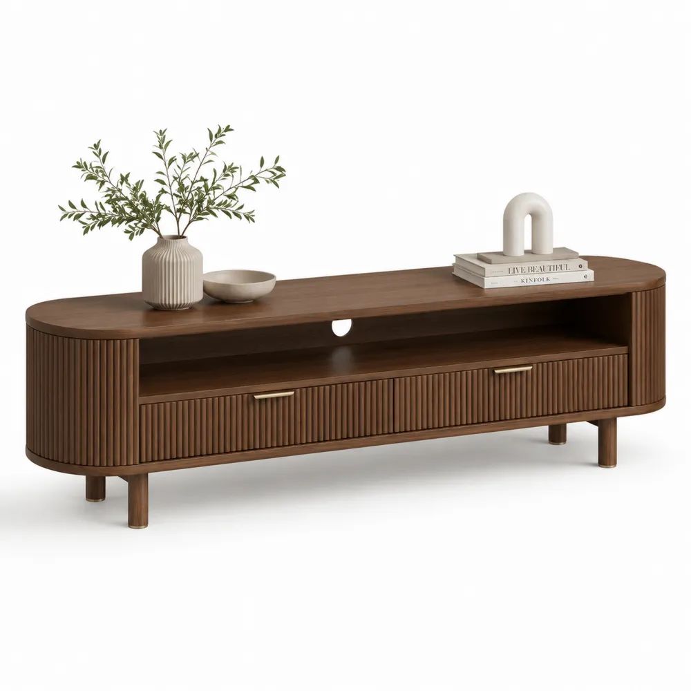 Meuble TV bas en MDF plaqué noyer avec 2 tiroirs, niche ouverte et passe-câbles, marron noyer et laiton, 180 x 40 x 55 cm