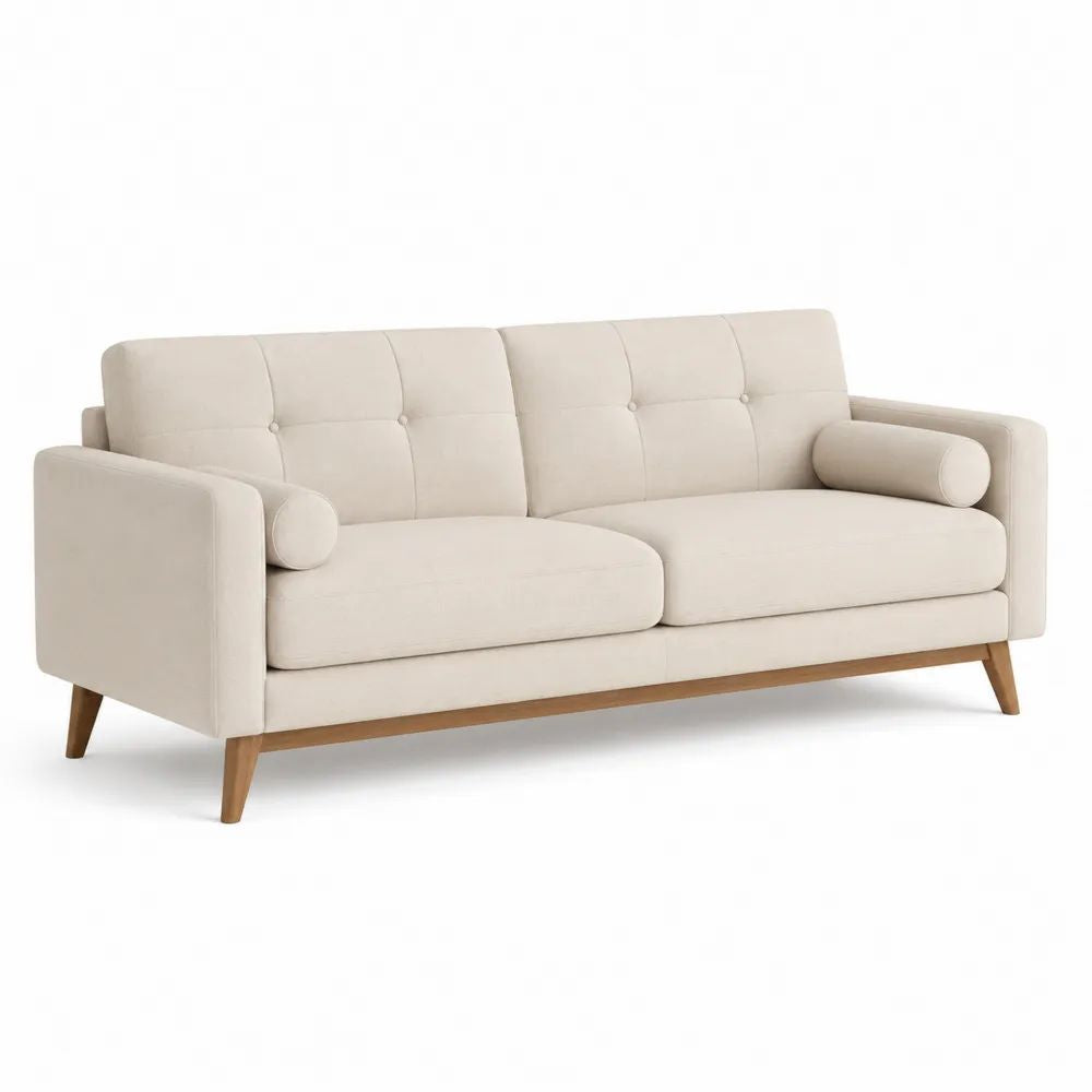 Canapé droit 3 places en polyester beige avec pieds en bois massif, 190 x 82 x 85 cm