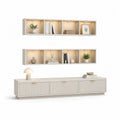 Ensemble meuble TV 3 pièces en MDF blanc cassé et métal doré, meuble bas 220 x 40 x 45 cm et 2 étagères murales 180 x 25 x 38 cm