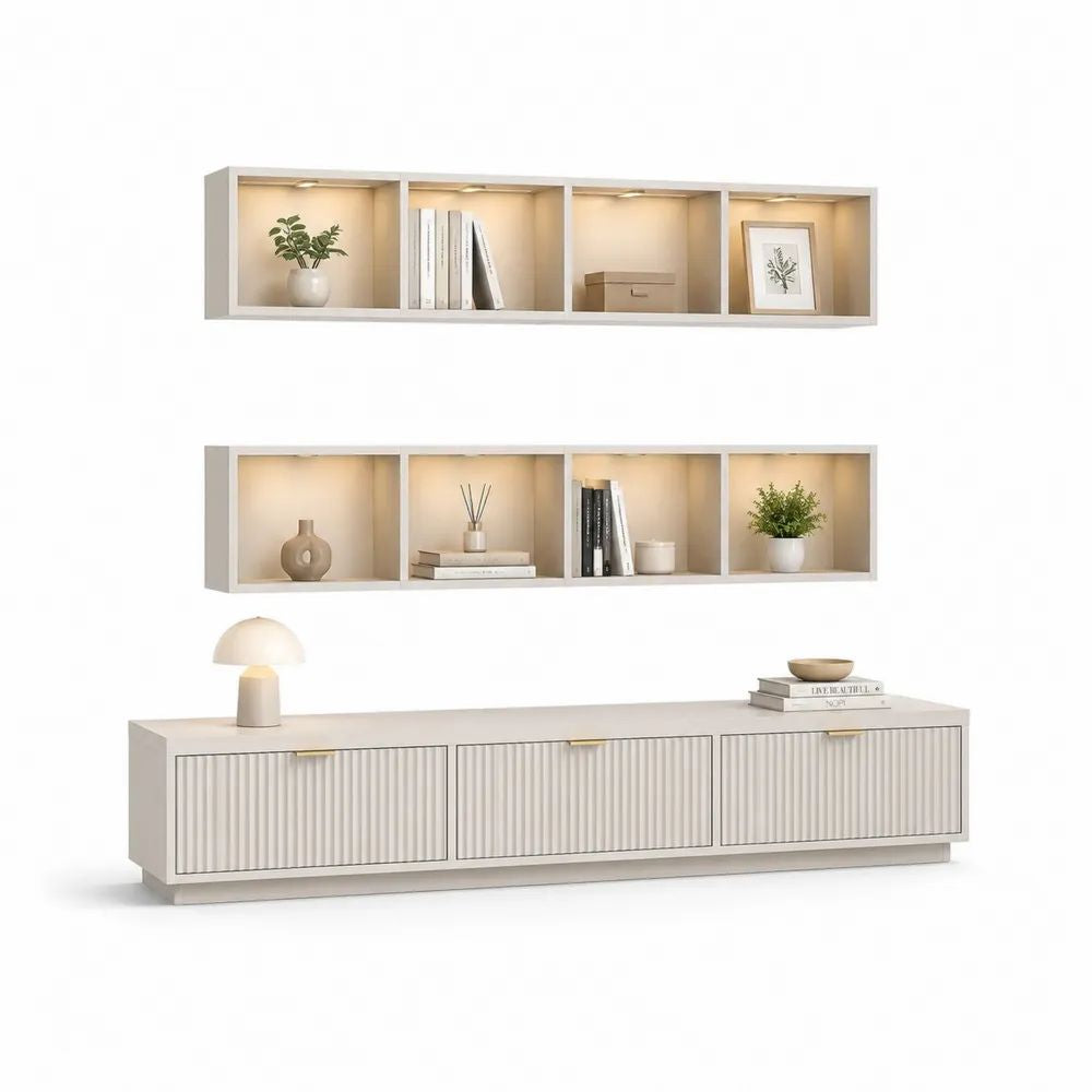 Ensemble meuble TV 3 pièces en MDF blanc cassé et métal doré, meuble bas 220 x 40 x 45 cm et 2 étagères murales 180 x 25 x 38 cm