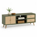 Meuble TV rectangulaire en MDF et bambou, vert olive et bois naturel, 150 × 40 × 68 cm