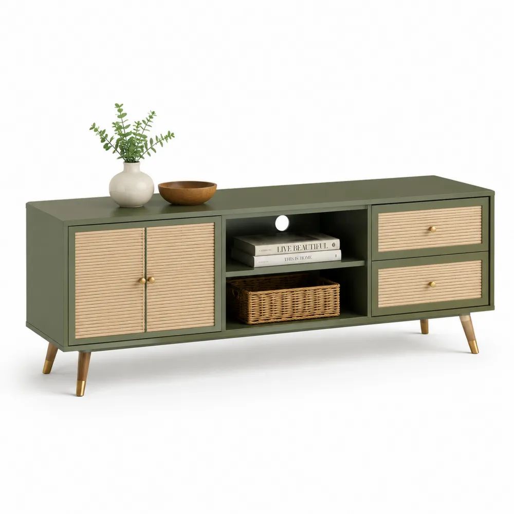 Meuble TV rectangulaire en MDF et bambou, vert olive et bois naturel, 150 × 40 × 68 cm