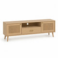 Meuble TV rectangulaire en bois et rotin avec 2 portes, 1 tiroir et niche ouverte, chêne clair, 160 × 40 × 60 cm